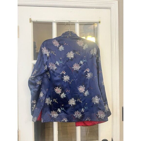 Vintage Chinese Embroidered Flowers Blue Red Reversible Short Jacket Robe L.  Ff - Picture 2 of 5